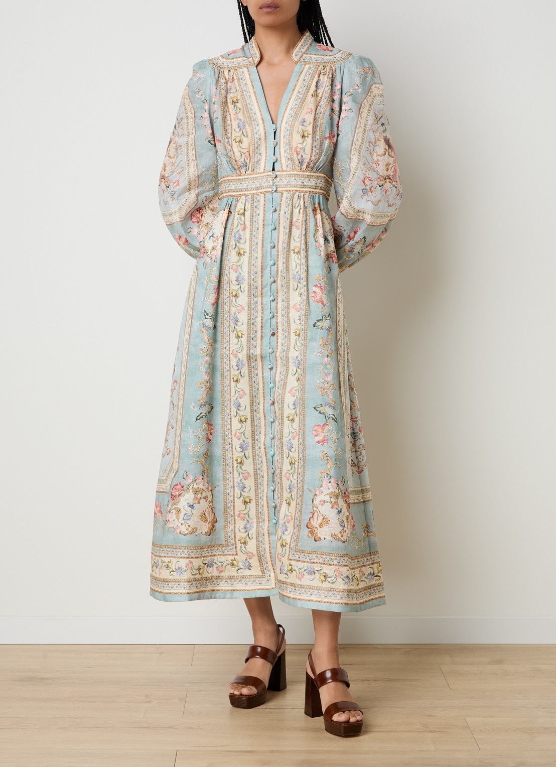 Zimmermann Roselight maxi jurk van linnen met print - detail 4 blauwgrijs