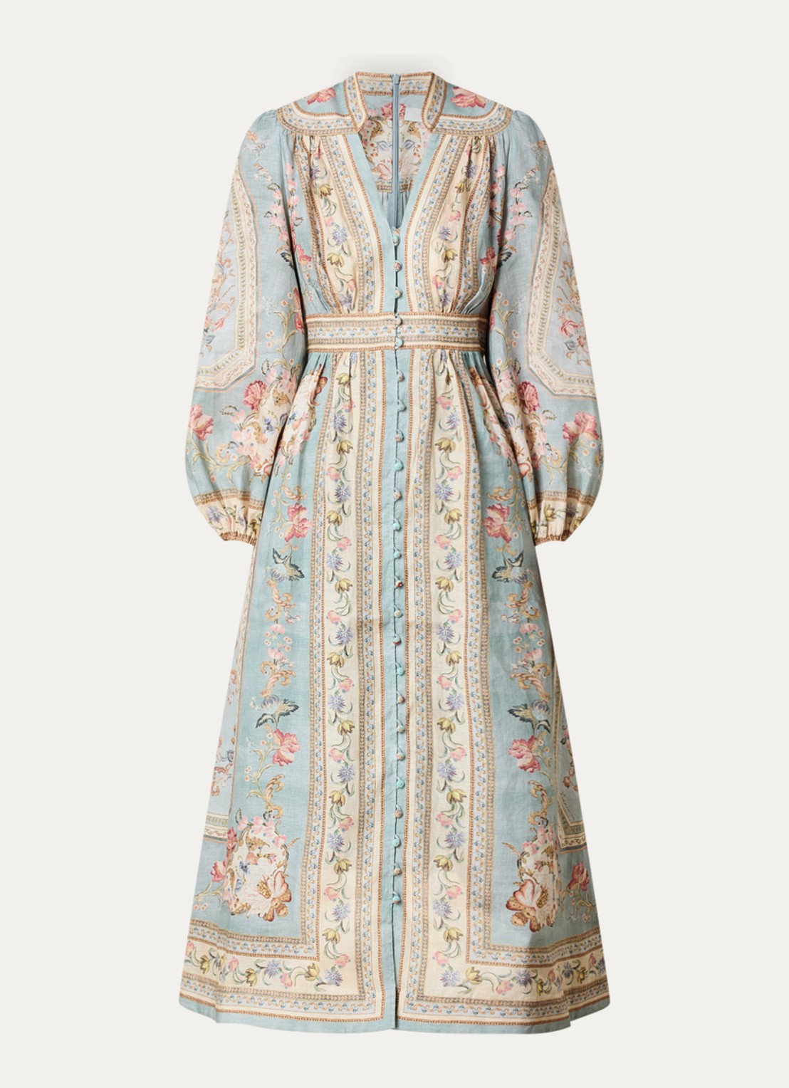 Zimmermann Roselight maxi jurk van linnen met print - voorkant 2 blauwgrijs