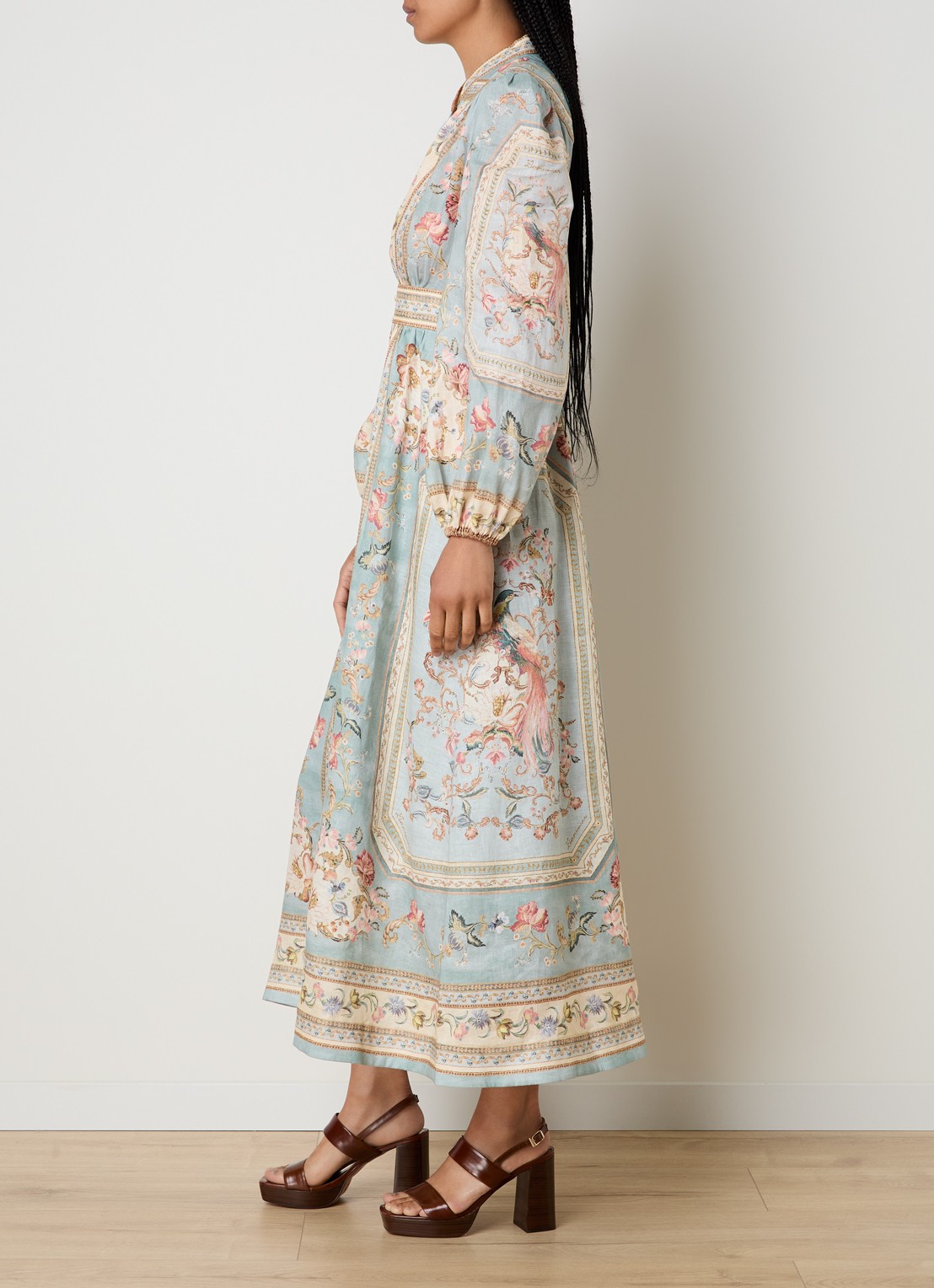Zimmermann Roselight maxi jurk van linnen met print - voorkant 3 blauwgrijs
