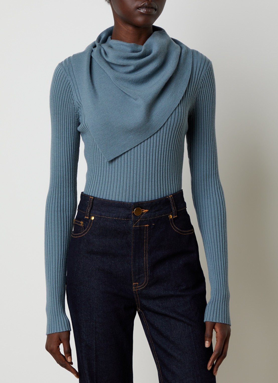 Zimmermann Valiant ribgebreide trui van wol met sjaalkraag - detail 2 blauw