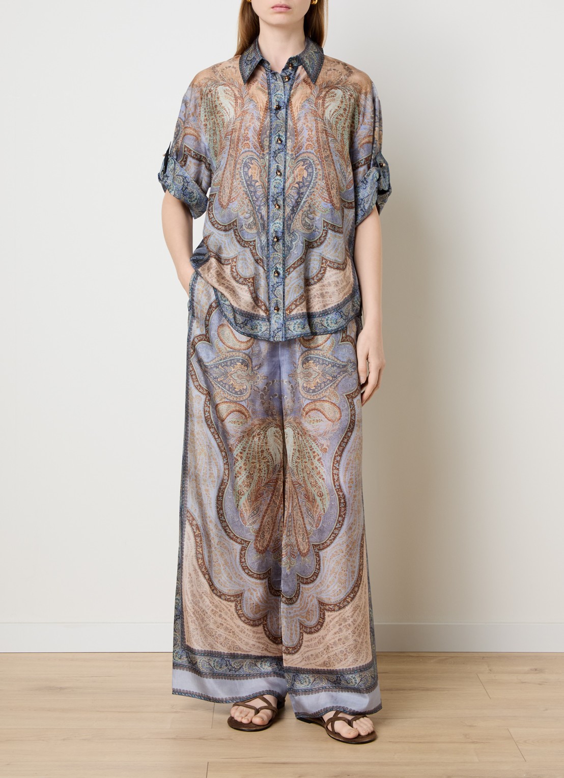 Zimmermann Wanderlust blouse van zijde met paisley dessin - voorkant 2 staalblauw
