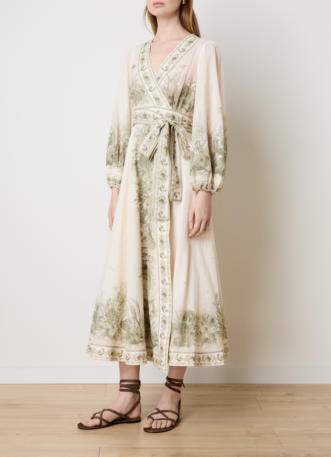 Zimmermann Wanderlust midi tuniekjurk met print en strikceintuur - detail 2 creme