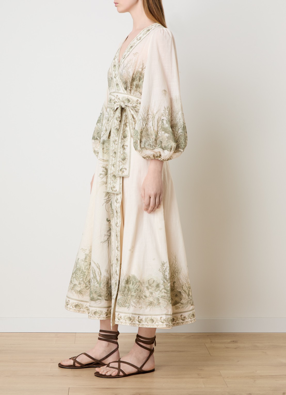 Zimmermann Wanderlust midi tuniekjurk met print en strikceintuur - voorkant 5 creme
