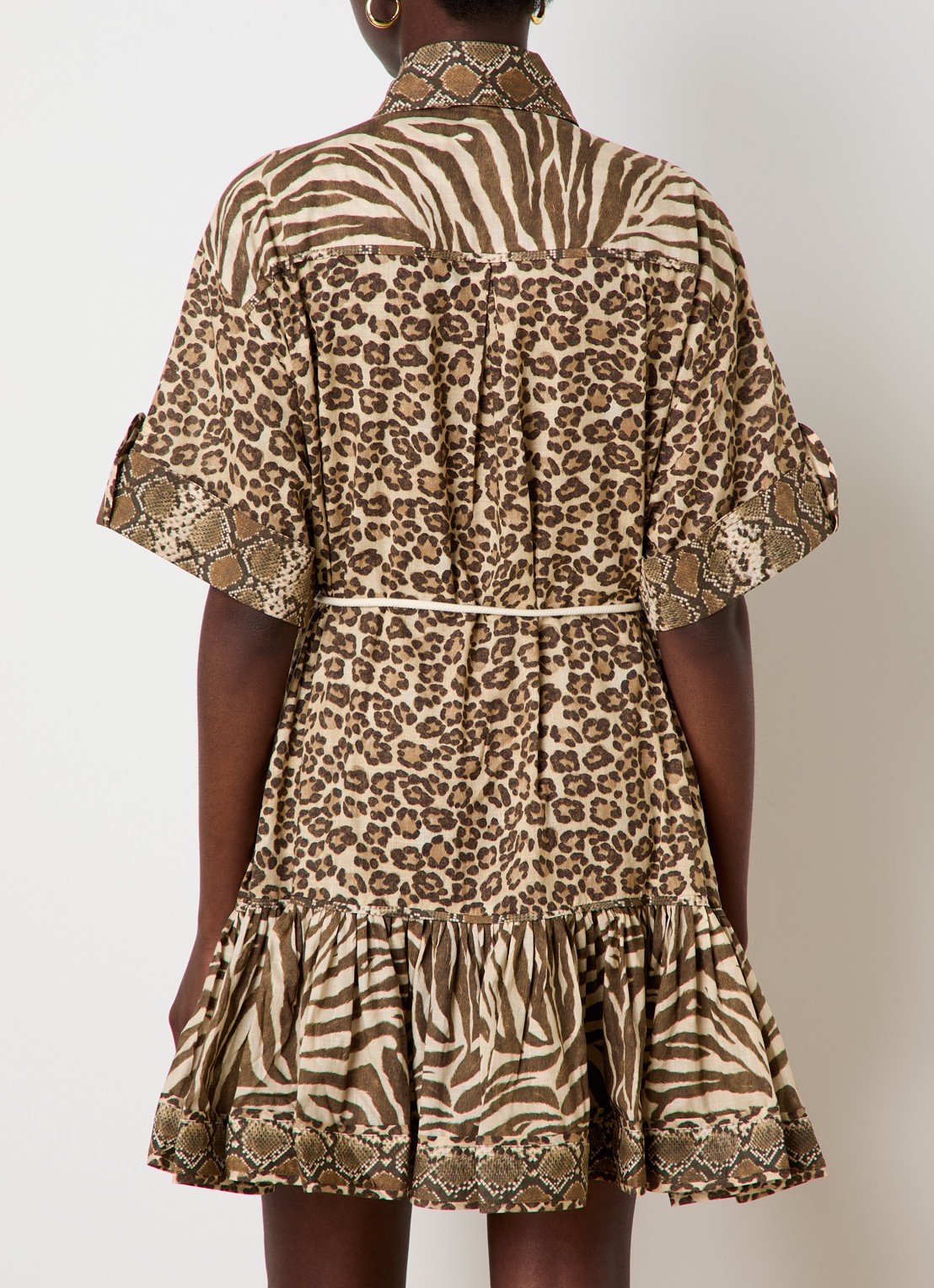 Zimmermann Wanderlust mini blousejurk met dierenprint en strikceintuur - achterkant 3 camel