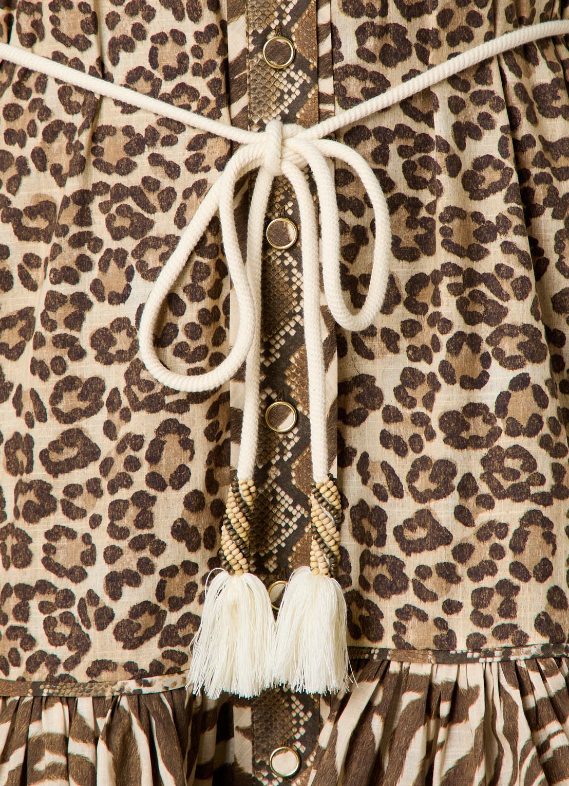 Zimmermann Wanderlust mini blousejurk met dierenprint en strikceintuur - detail 2 camel