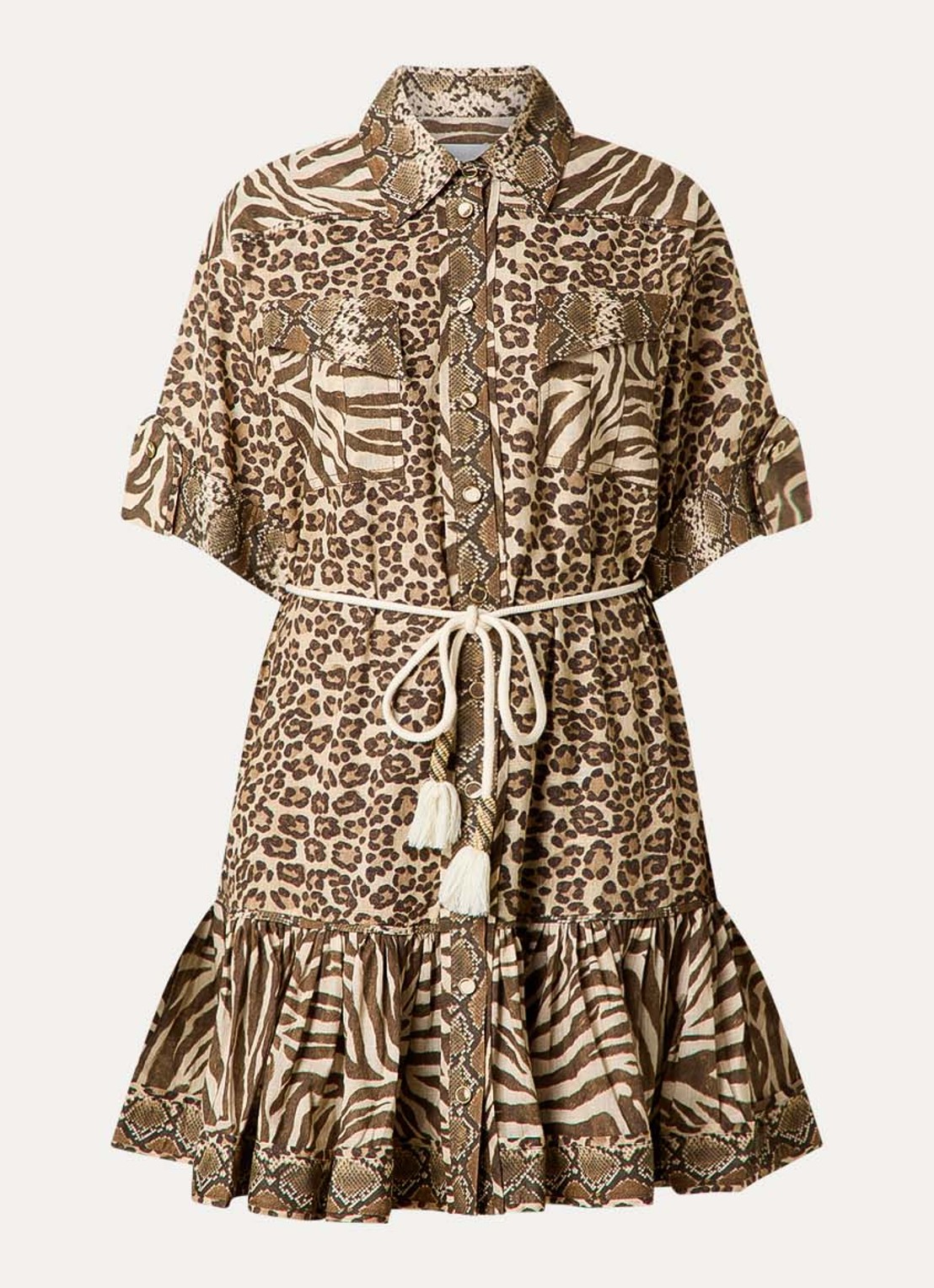 Zimmermann Wanderlust mini blousejurk met dierenprint en strikceintuur - voorkant 4 camel