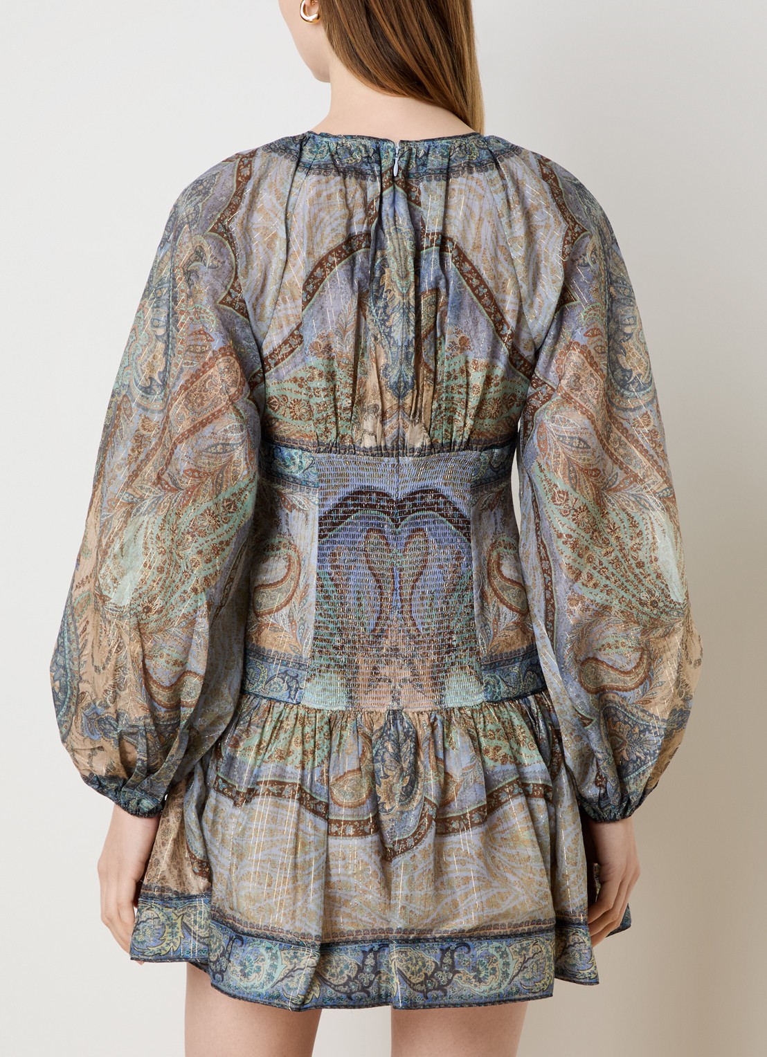 Zimmermann Wanderlust mini tuniekjurk in zijdeblend met print en lurex - achterkant staalblauw