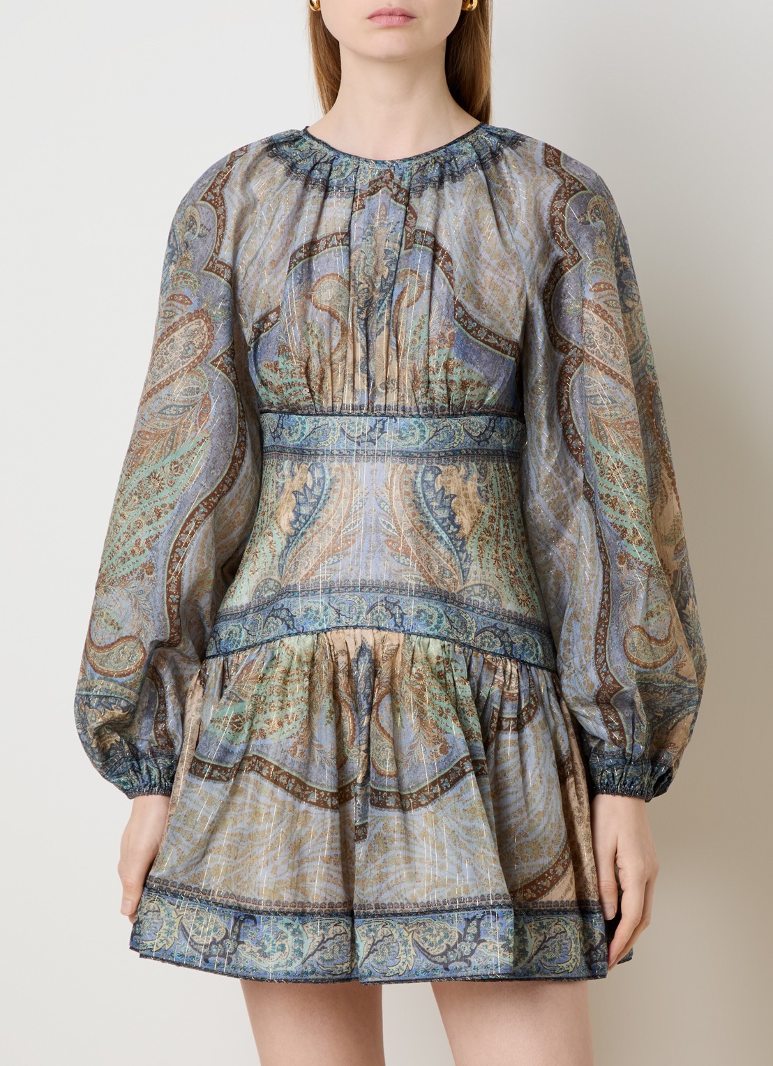 Zimmermann Wanderlust mini tuniekjurk in zijdeblend met print en lurex - detail 2 staalblauw