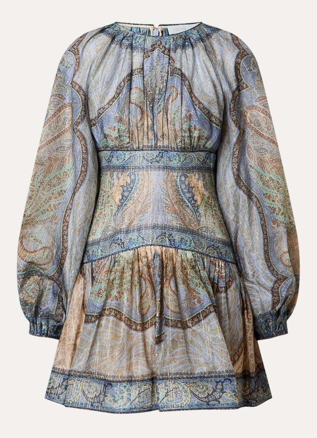 Zimmermann Wanderlust mini tuniekjurk in zijdeblend met print en lurex - voorkant 4 staalblauw