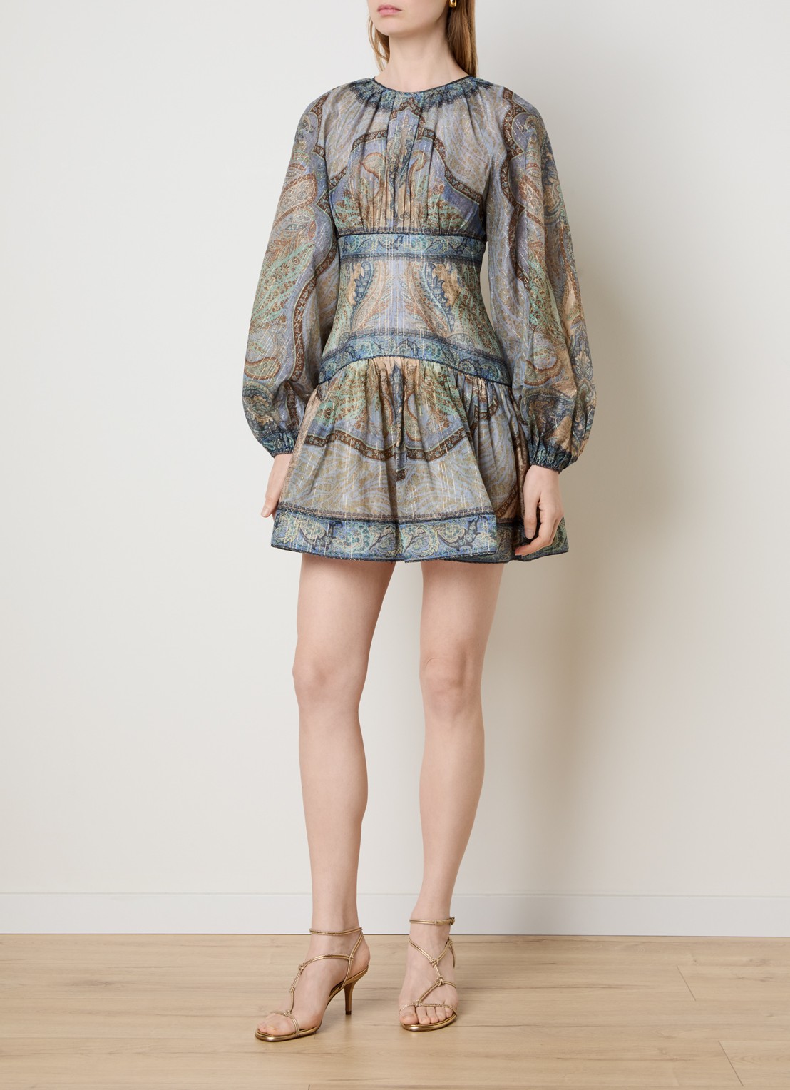 Zimmermann Wanderlust mini tuniekjurk in zijdeblend met print en lurex - voorkant 5 staalblauw