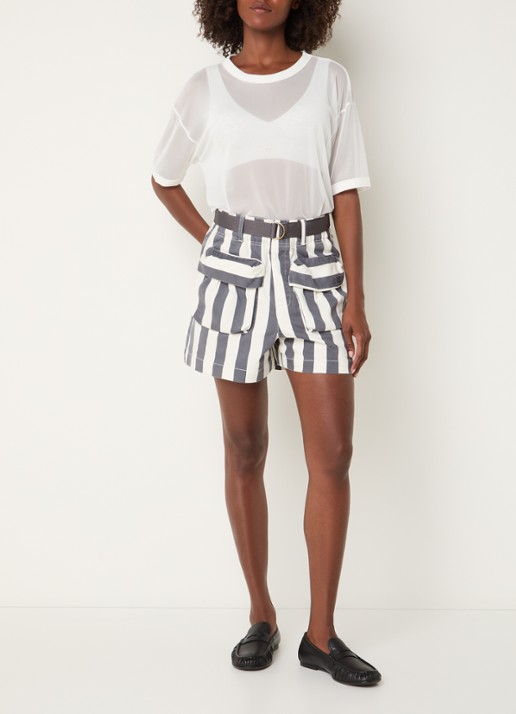10DAYS High waist straight fit korte broek met streepprint en klepzakken - voorkant 3 gebroken wit