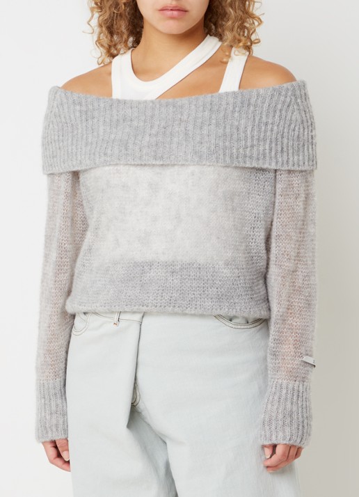 10DAYS Off shoulder trui in alpaca wolblend met opengewerkt dessin - detail 4 lichtgrijs