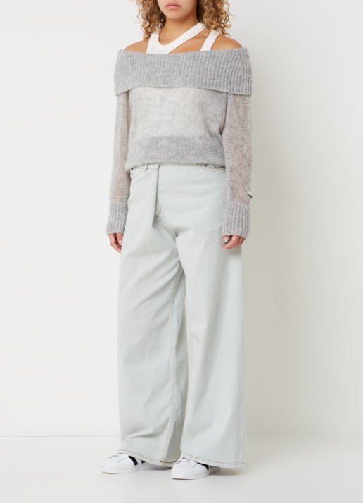 10DAYS Off shoulder trui in alpaca wolblend met opengewerkt dessin - voorkant 3 lichtgrijs