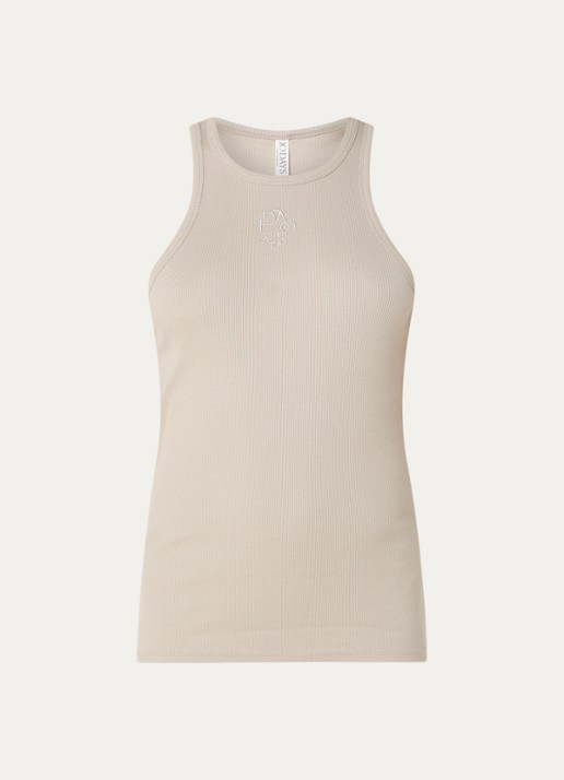 10DAYS Tanktop met logoborduring en ribstructuur - voorkant khaki