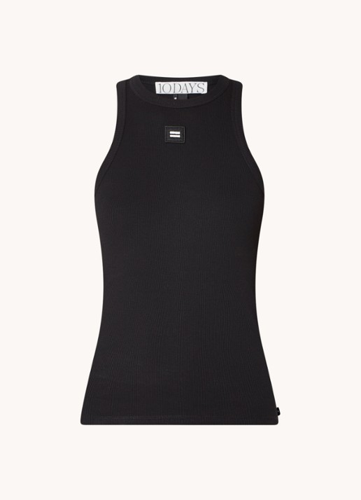 10DAYS Tanktop met ribstructuur en logoborduring - voorkant zwart