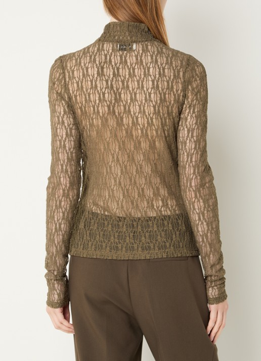Aaiko Amy semi-transparante top met broderie - achterkant 2 olijfgroen