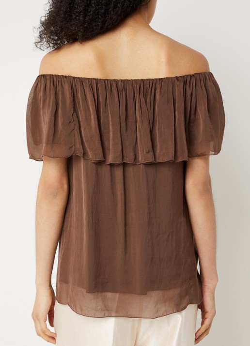 Aaiko Caprice off shoulder top in zijdeblend - achterkant donkerbruin