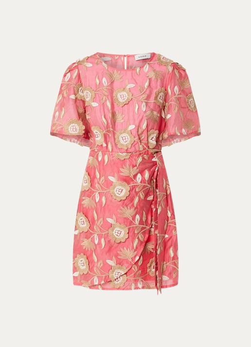 Aaiko Celina mini jurk met ceintuur en bloemenprint - voorkant 2 koraal