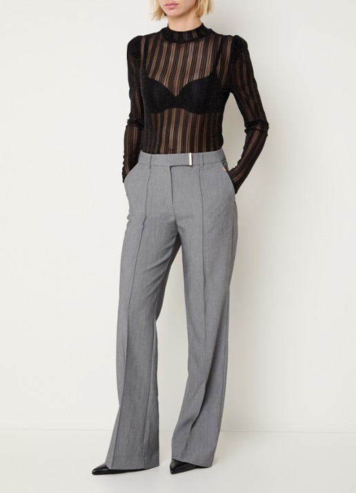 Aaiko Chantalle high waist wide fit pantalon met persplooi en structuur - voorkant 3 middengrijs