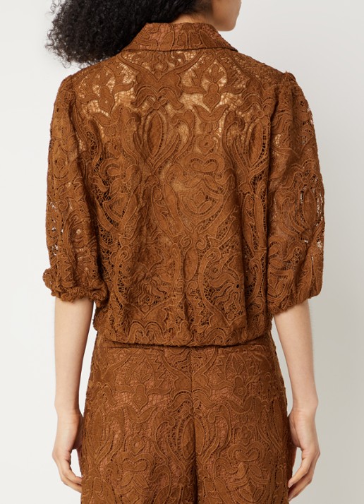 Aaiko Cozy blouse met broderie en ballonmouw - achterkant 4 cognac