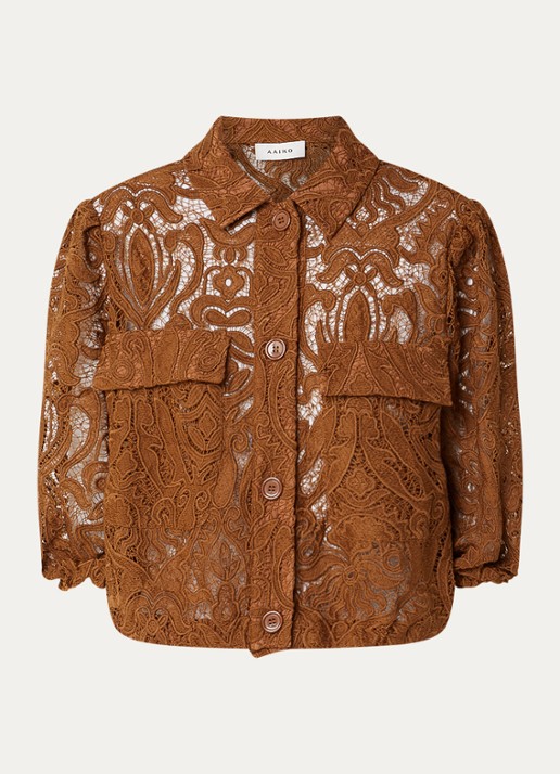 Aaiko Cozy blouse met broderie en ballonmouw - voorkant 2 cognac