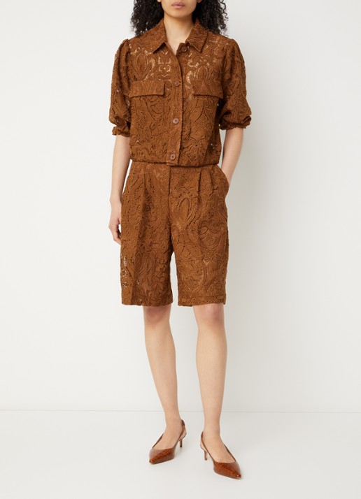 Aaiko Cozy blouse met broderie en ballonmouw - voorkant 3 cognac