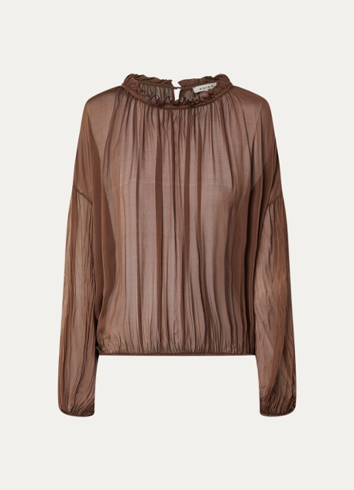Aaiko Cristy top in zijdeblend met ballonmouw - voorkant 3 hazelnootbruin