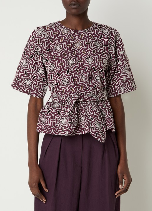 Aaiko Georgie top met strikceintuur en opengewerkt dessin - detail aubergine