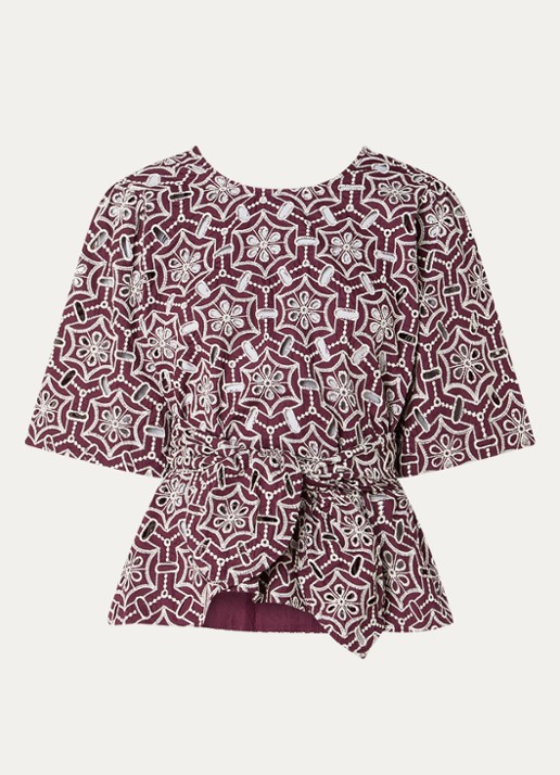 Aaiko Georgie top met strikceintuur en opengewerkt dessin - voorkant 2 aubergine