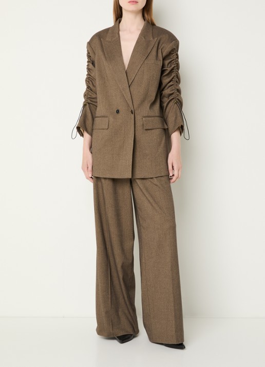 Aaiko Hailey Tweed mid waist wide fit pantalon met paspelzakken - voorkant 4 lichtbruin