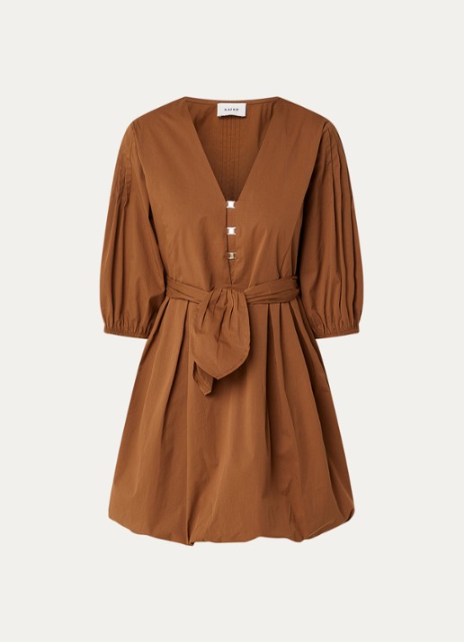 Aaiko Isolde mini jurk met ceintuur en ballonmouw - voorkant 2 cognac