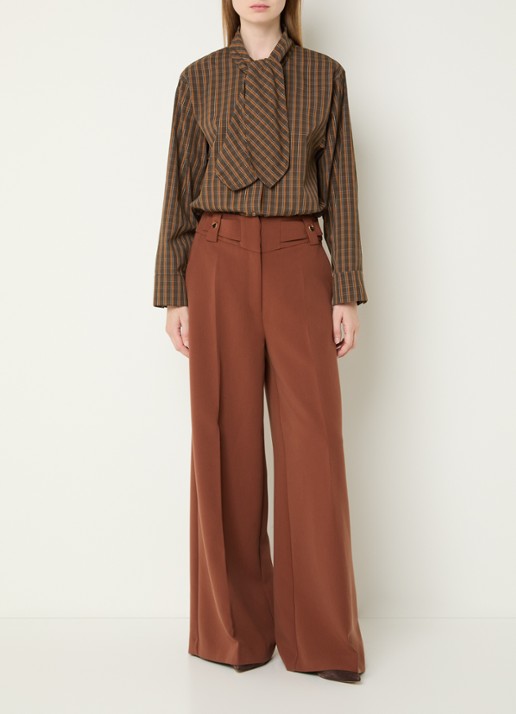 Aaiko Janesse blouse met ruitdessin en sjaalkraag - voorkant 2 bruin