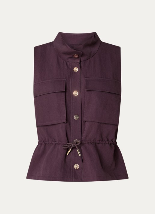 Aaiko Lena gilet met borstzakken en strikceintuur - voorkant 2 aubergine