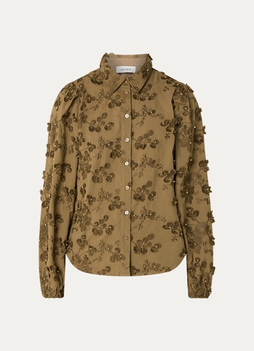 Aaiko Lien blouse met bloemborduring - voorkant 2 mosgroen