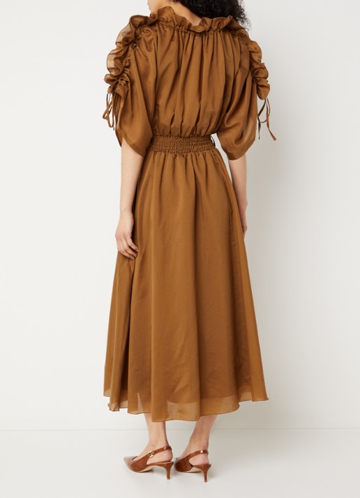 Aaiko Lily midi jurk met smockwerk - achterkant cognac