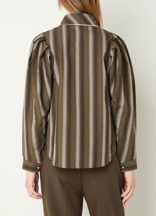 Aaiko Lorven blouse met streepprint en pofmouw - achterkant 4 olijfgroen