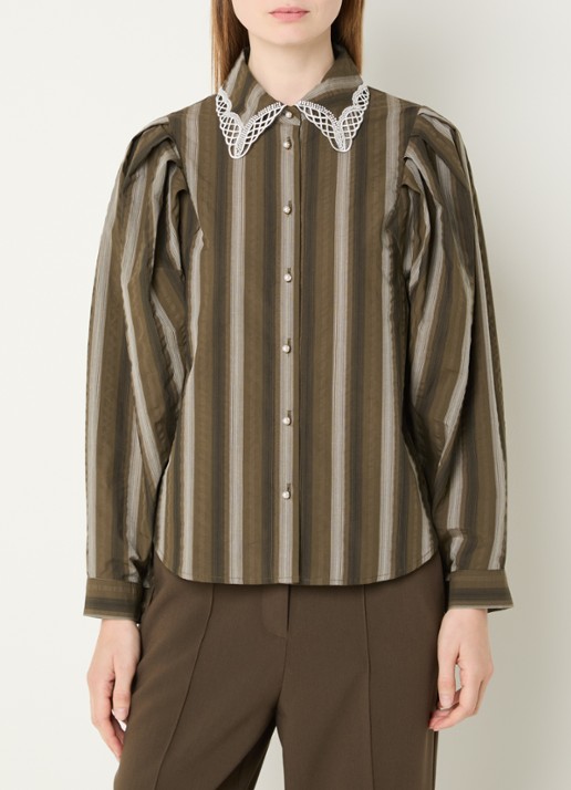 Aaiko Lorven blouse met streepprint en pofmouw - detail olijfgroen