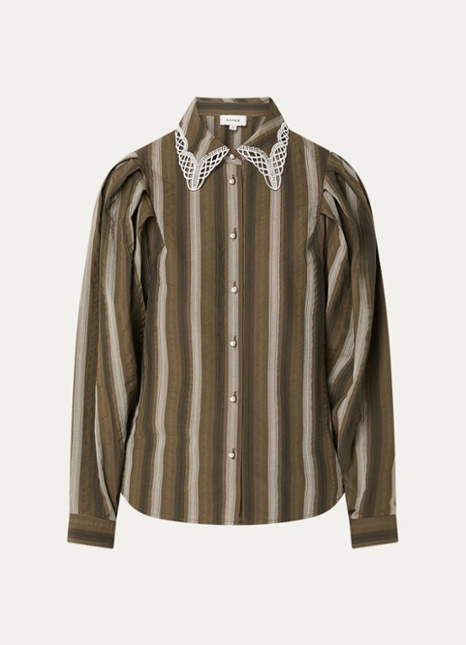 Aaiko Lorven blouse met streepprint en pofmouw - voorkant 2 olijfgroen
