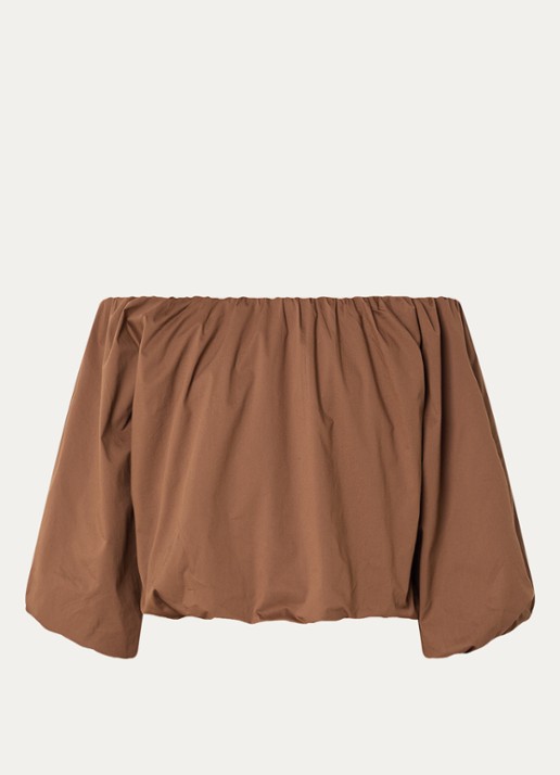 Aaiko Maddy Popline off shoulder top met pofmouw - voorkant 2 hazelnootbruin