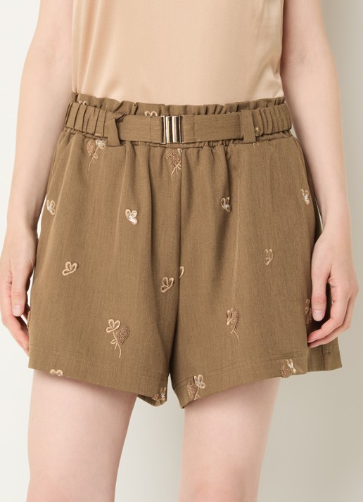Aaiko Rikkie high waist loose fit korte broek met pailletten en borduring - detail mosgroen