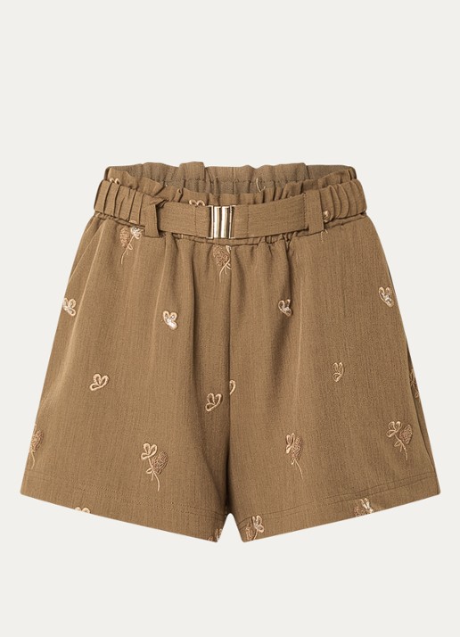 Aaiko Rikkie high waist loose fit korte broek met pailletten en borduring - voorkant 3 mosgroen