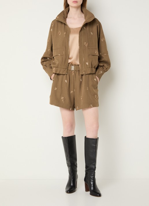 Aaiko Rikkie high waist loose fit korte broek met pailletten en borduring - voorkant 4 mosgroen