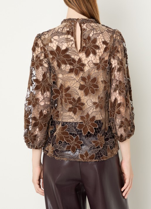 Aaiko Shaila semi-transparante top met opengewerkt dessin - achterkant 3 donkerbeige