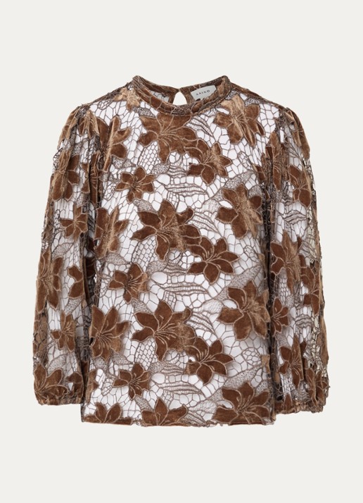 Aaiko Shaila semi-transparante top met opengewerkt dessin - voorkant donkerbeige