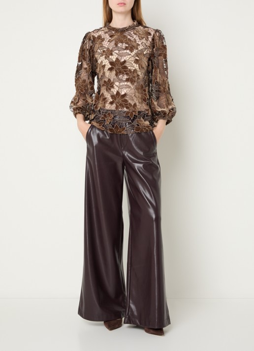 Aaiko Shaila semi-transparante top met opengewerkt dessin - voorkant 2 donkerbeige