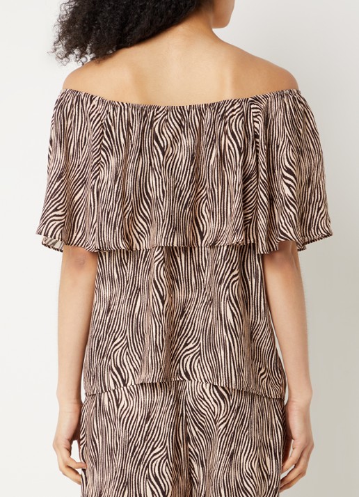 Aaiko Tiana off shoulder top met print - achterkant 3 hazelnootbruin