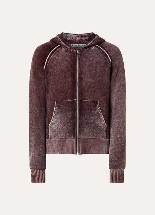Acne Studios Fijngebreid vest in kasjmierblend met verwassen afwerking en capuchon - voorkant 2 kastanjebruin