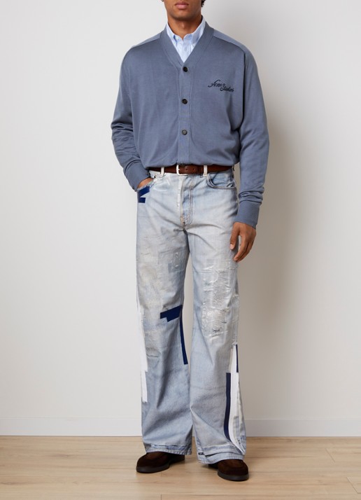 Acne Studios Fijngebreid vest van zijde met logoborduring - voorkant 2 blauwgrijs