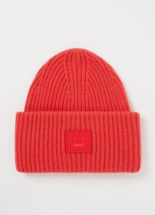 Acne Studios Fijngebreide muts van wol met logo - voorkant steenrood