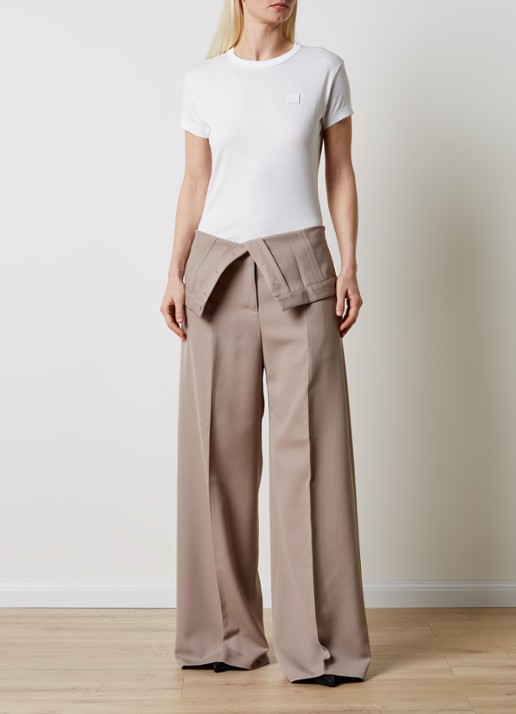 Acne Studios High waist wide fit pantalon in wolblend met overslag - voorkant 5 beige